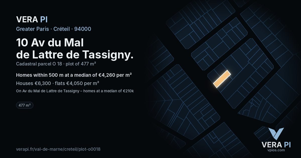 10 Av du Mal de Lattre de Tassigny, Créteil at night – the plot lit, the parcels around coloured by the prices near them