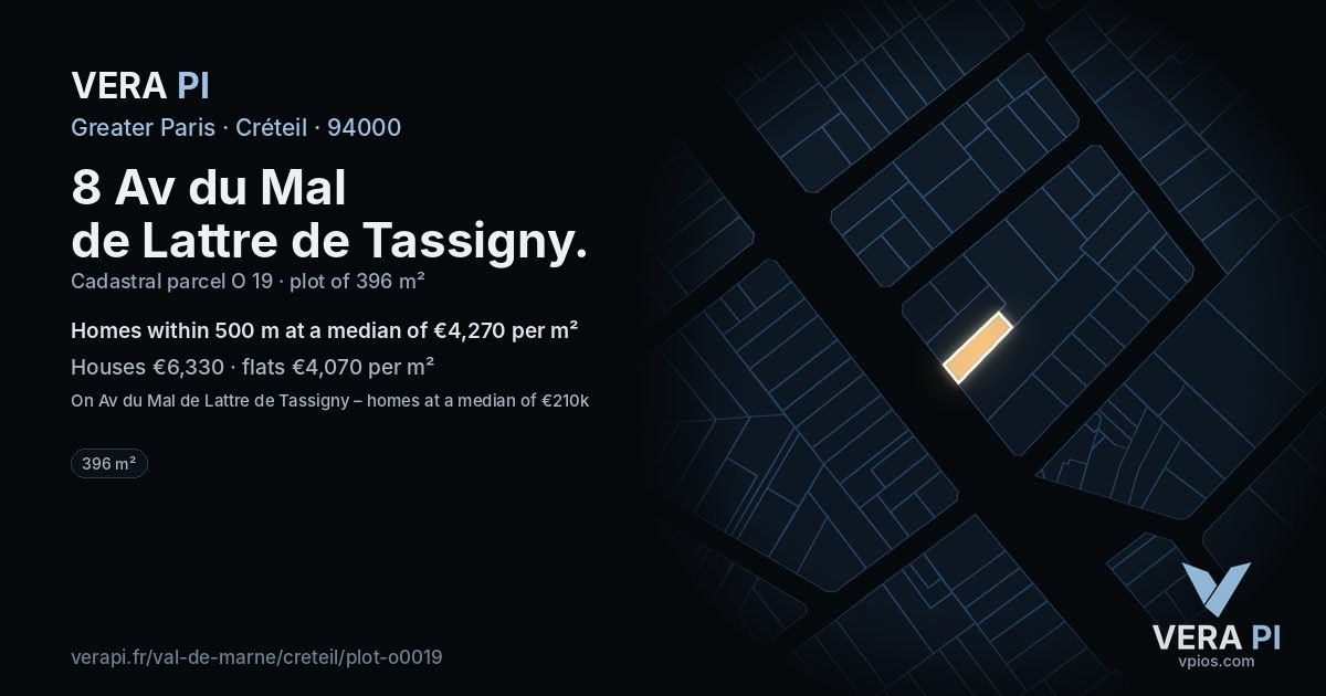 8 Av du Mal de Lattre de Tassigny, Créteil at night – the plot lit, the parcels around coloured by the prices near them