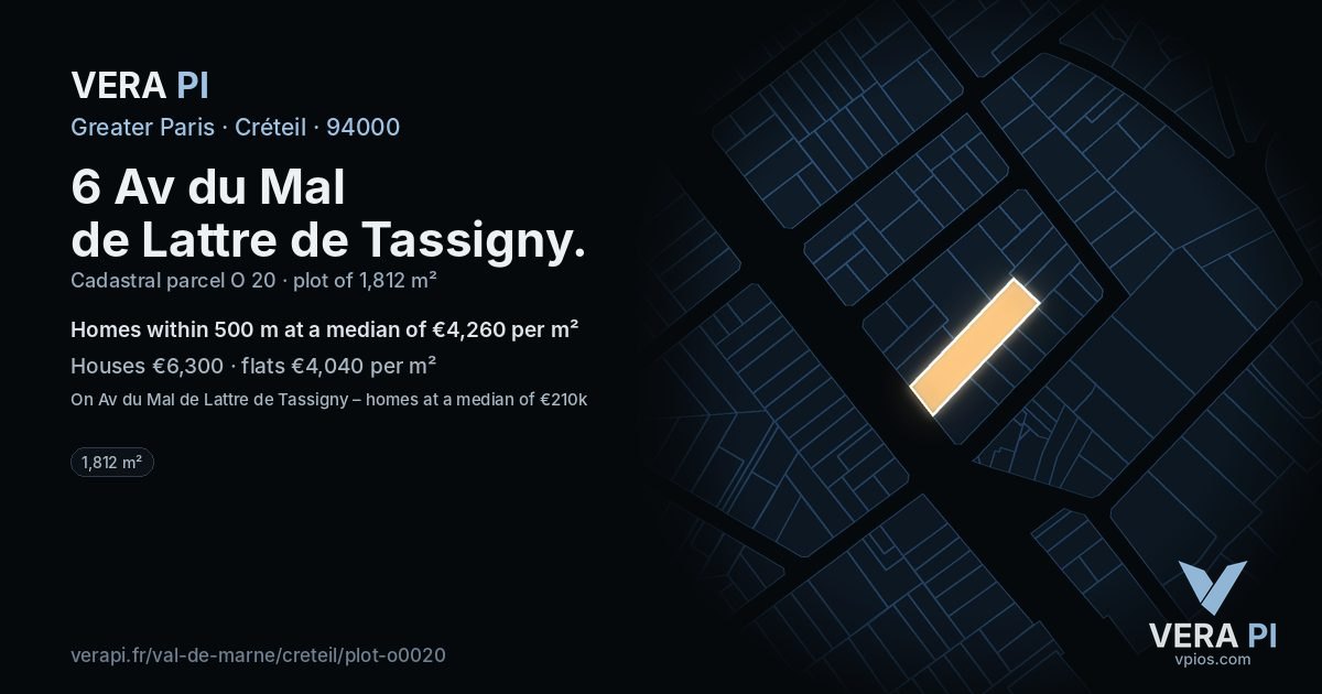 6 Av du Mal de Lattre de Tassigny, Créteil at night – the plot lit, the parcels around coloured by the prices near them