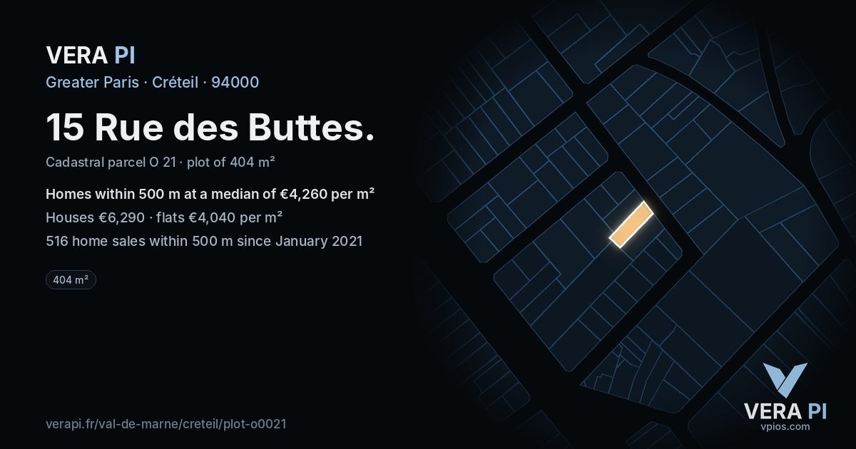 15 Rue des Buttes, Créteil at night – the plot lit, the parcels around coloured by the prices near them