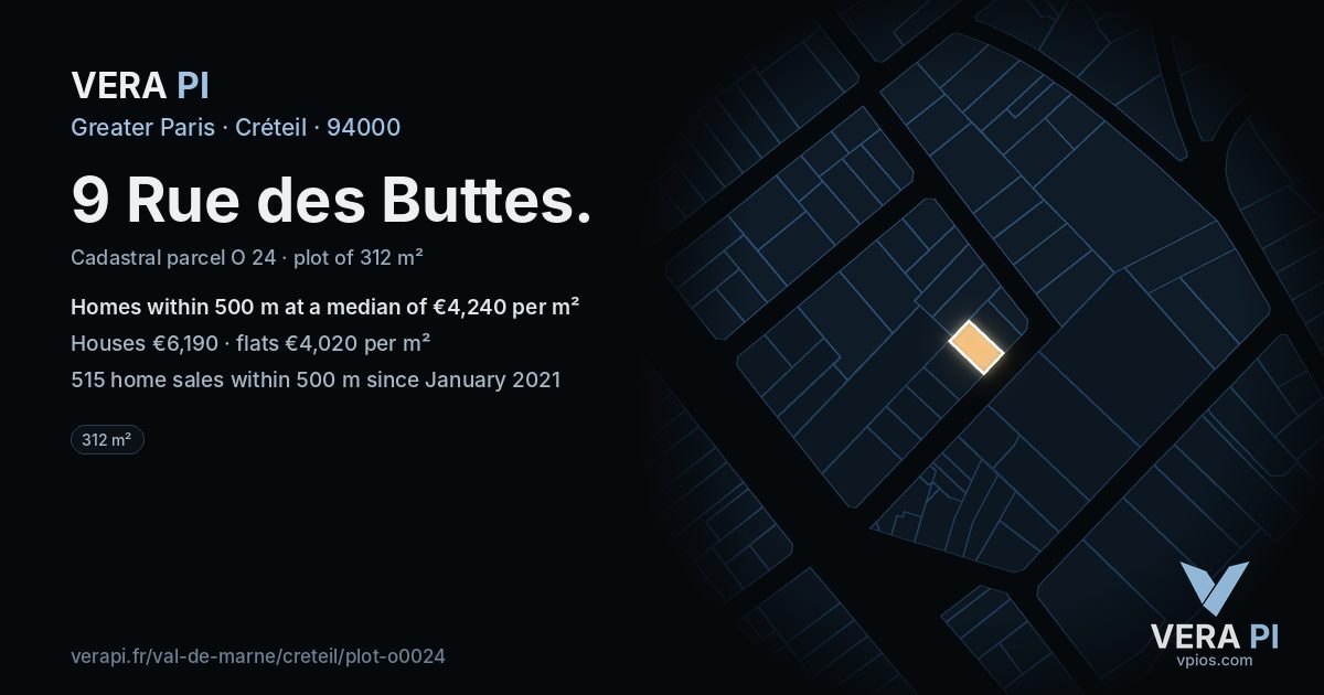 9 Rue des Buttes, Créteil at night – the plot lit, the parcels around coloured by the prices near them