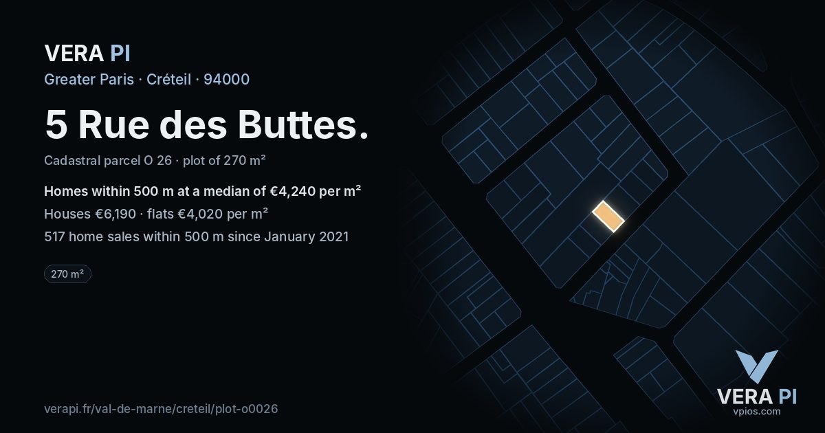 5 Rue des Buttes, Créteil at night – the plot lit, the parcels around coloured by the prices near them