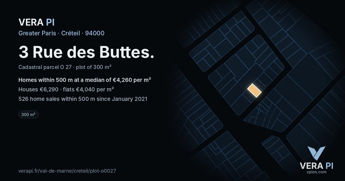 3 Rue des Buttes, Créteil at night – the plot lit, the parcels around coloured by the prices near them
