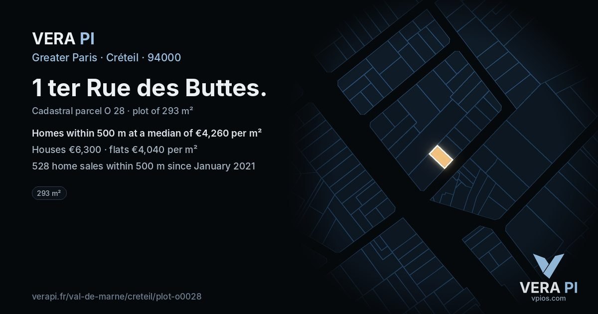 1 ter Rue des Buttes, Créteil at night – the plot lit, the parcels around coloured by the prices near them