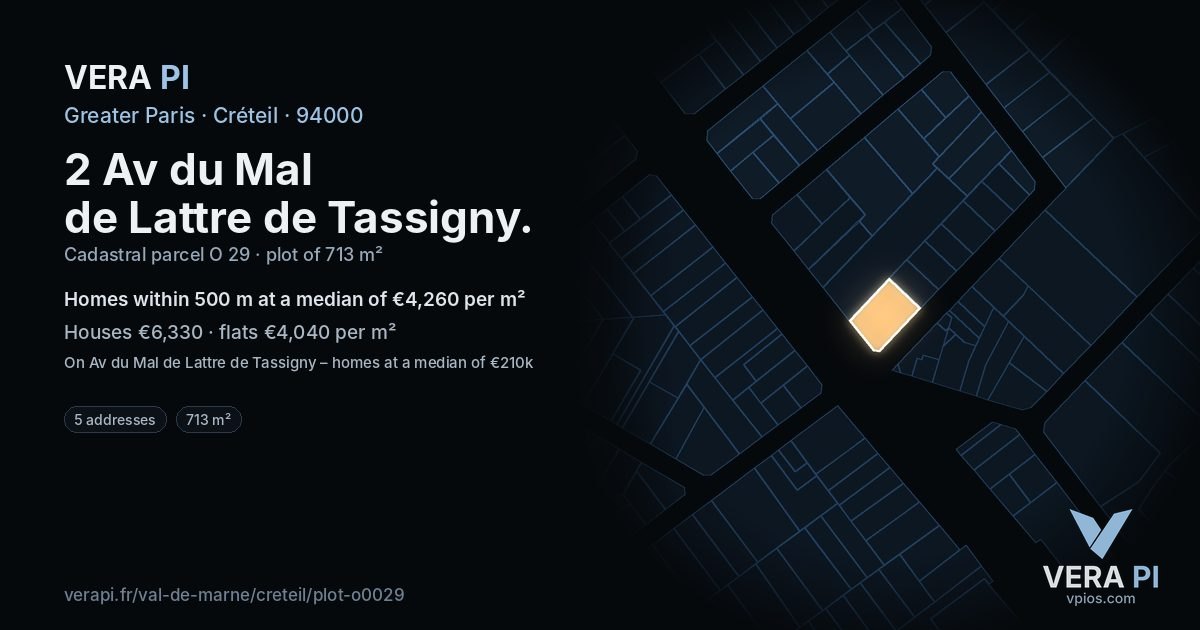 2 Av du Mal de Lattre de Tassigny, Créteil at night – the plot lit, the parcels around coloured by the prices near them