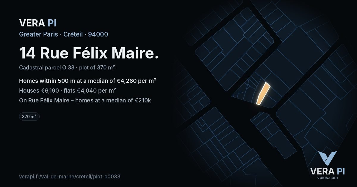 14 Rue Félix Maire, Créteil at night – the plot lit, the parcels around coloured by the prices near them