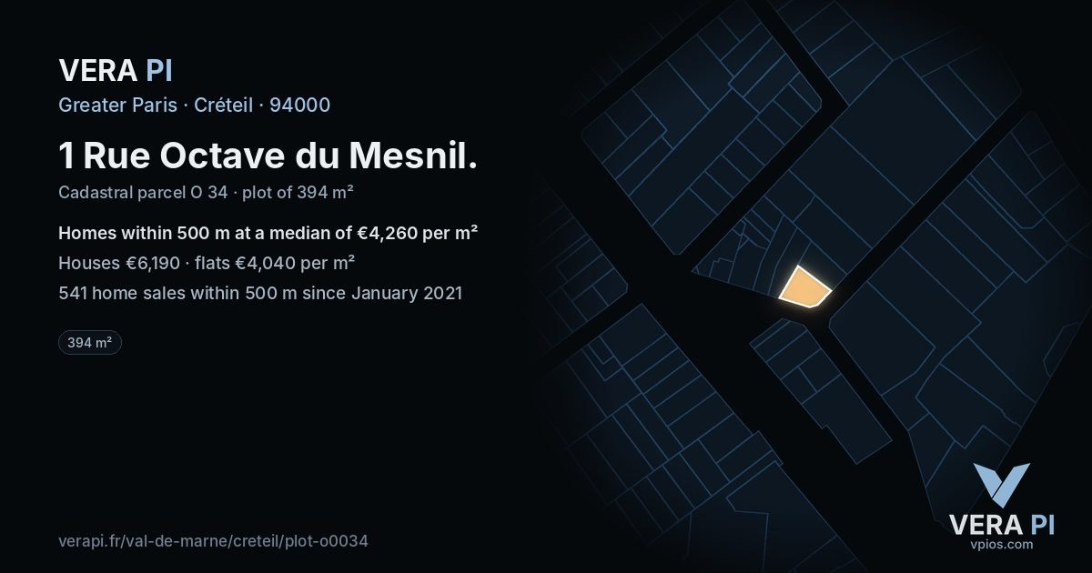 1 Rue Octave du Mesnil, Créteil at night – the plot lit, the parcels around coloured by the prices near them