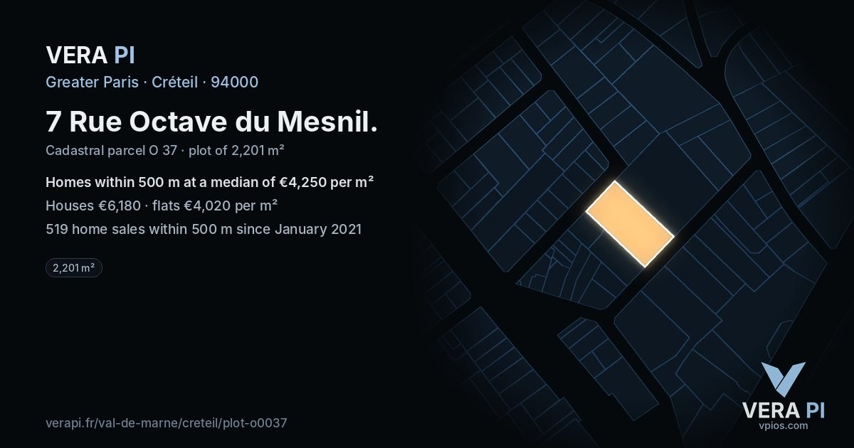 7 Rue Octave du Mesnil, Créteil at night – the plot lit, the parcels around coloured by the prices near them