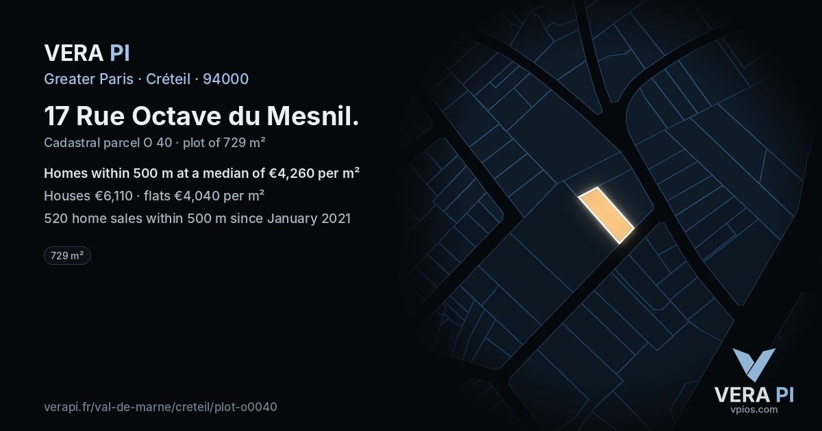 17 Rue Octave du Mesnil, Créteil at night – the plot lit, the parcels around coloured by the prices near them