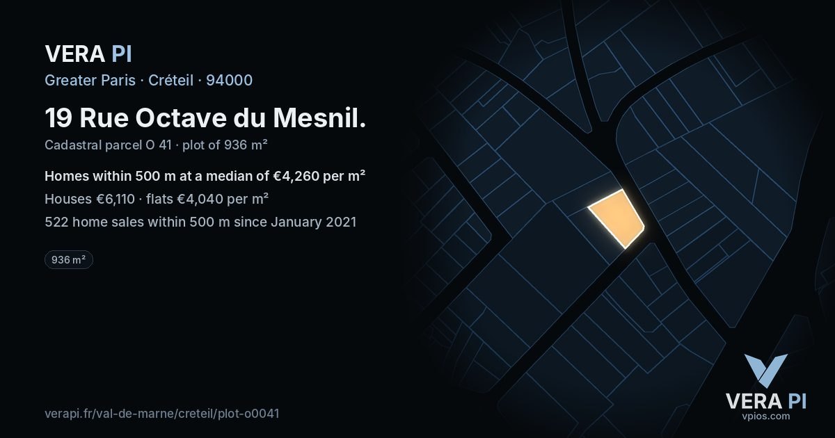 19 Rue Octave du Mesnil, Créteil at night – the plot lit, the parcels around coloured by the prices near them