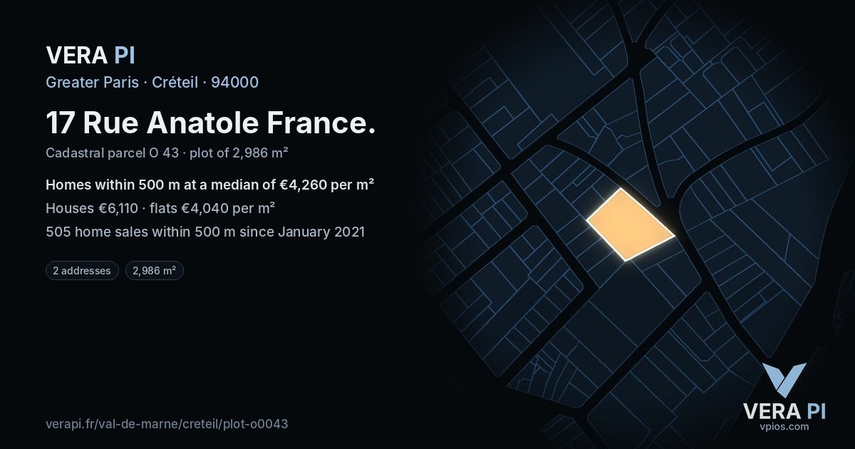17 Rue Anatole France, Créteil at night – the plot lit, the parcels around coloured by the prices near them