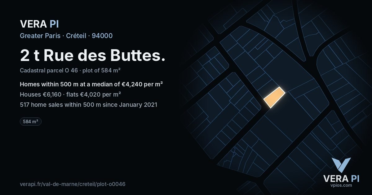 2 t Rue des Buttes, Créteil at night – the plot lit, the parcels around coloured by the prices near them