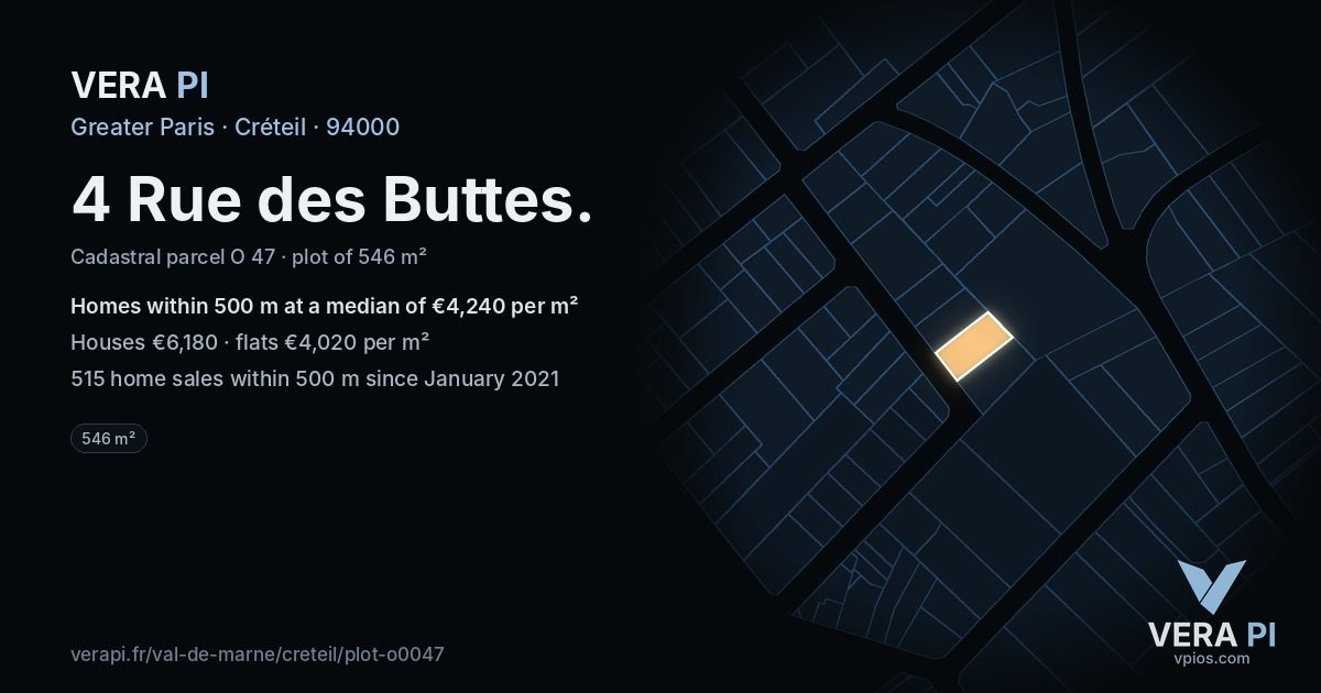 4 Rue des Buttes, Créteil at night – the plot lit, the parcels around coloured by the prices near them