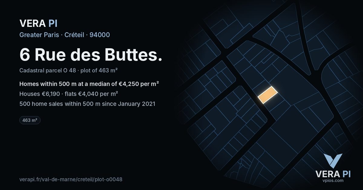 6 Rue des Buttes, Créteil at night – the plot lit, the parcels around coloured by the prices near them