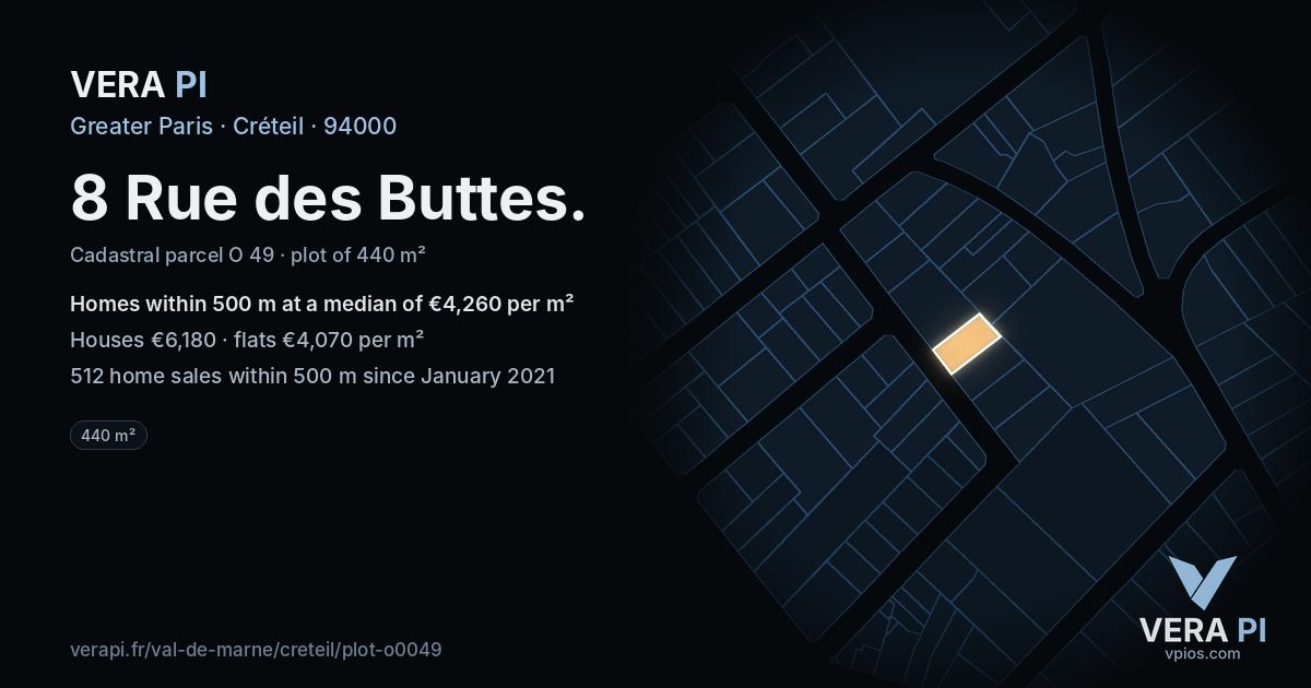 8 Rue des Buttes, Créteil at night – the plot lit, the parcels around coloured by the prices near them