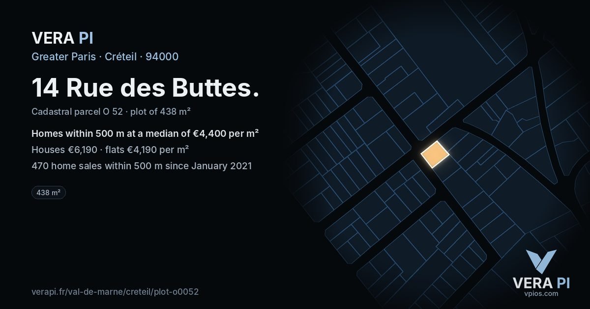 14 Rue des Buttes, Créteil at night – the plot lit, the parcels around coloured by the prices near them