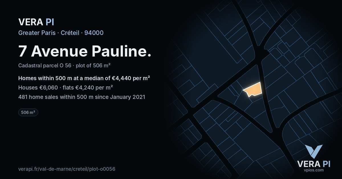 7 Avenue Pauline, Créteil at night – the plot lit, the parcels around coloured by the prices near them