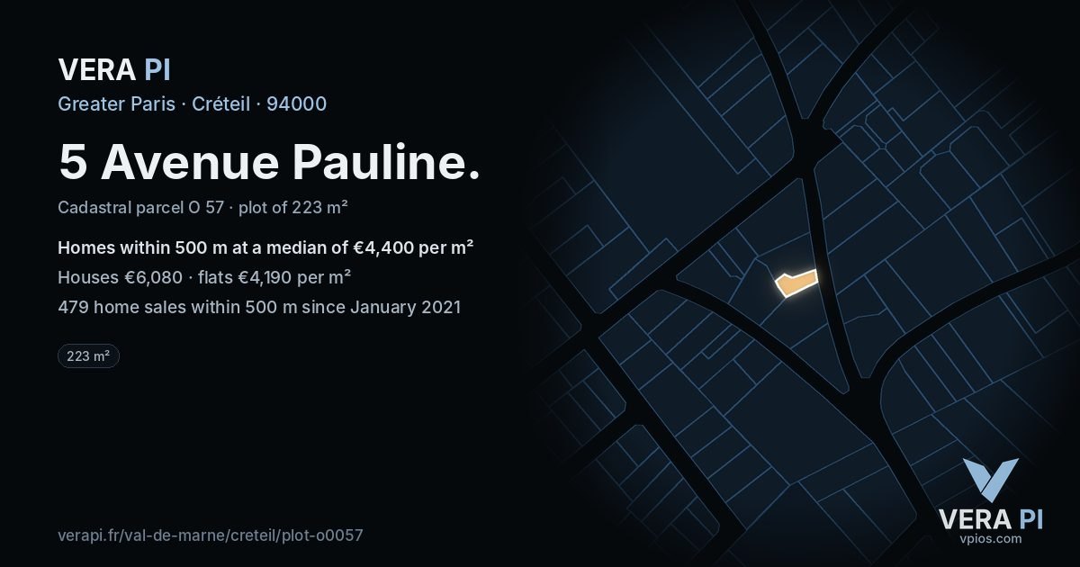 5 Avenue Pauline, Créteil at night – the plot lit, the parcels around coloured by the prices near them