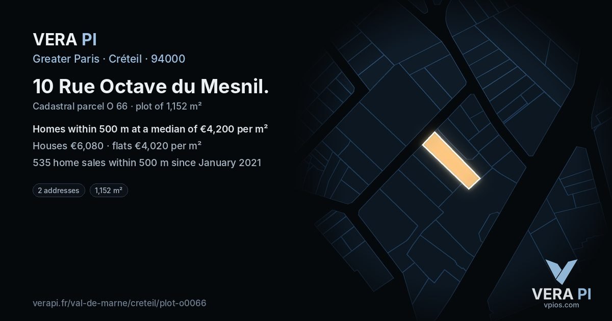 10 Rue Octave du Mesnil, Créteil at night – the plot lit, the parcels around coloured by the prices near them