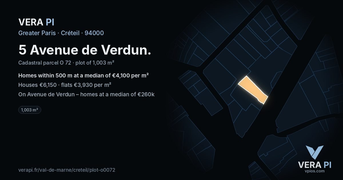 5 Avenue de Verdun, Créteil at night – the plot lit, the parcels around coloured by the prices near them