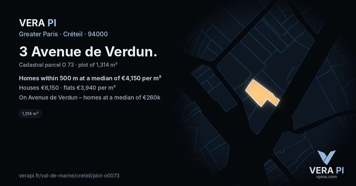 3 Avenue de Verdun, Créteil at night – the plot lit, the parcels around coloured by the prices near them