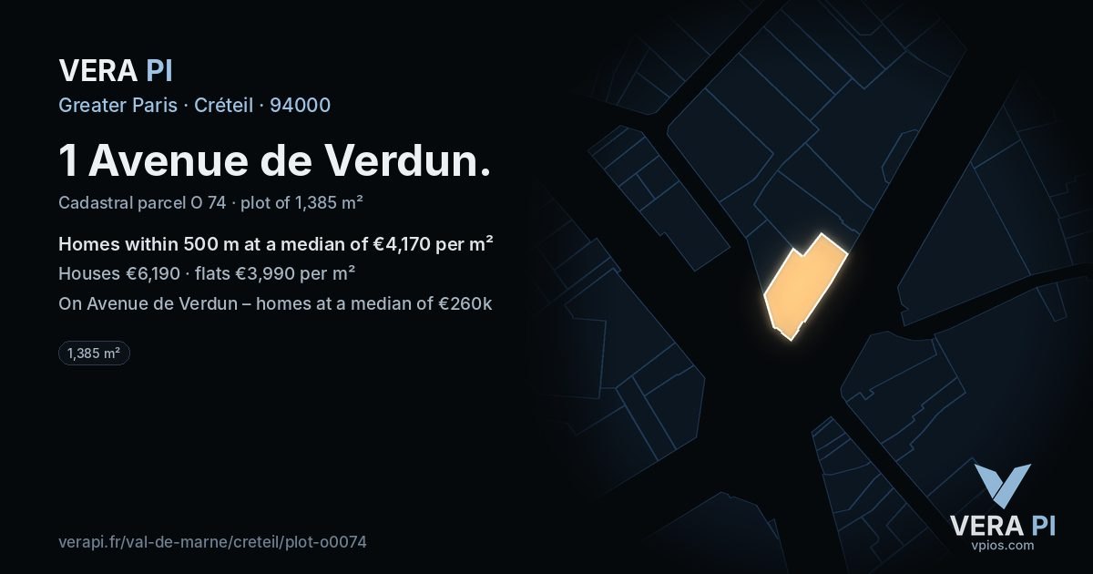1 Avenue de Verdun, Créteil at night – the plot lit, the parcels around coloured by the prices near them