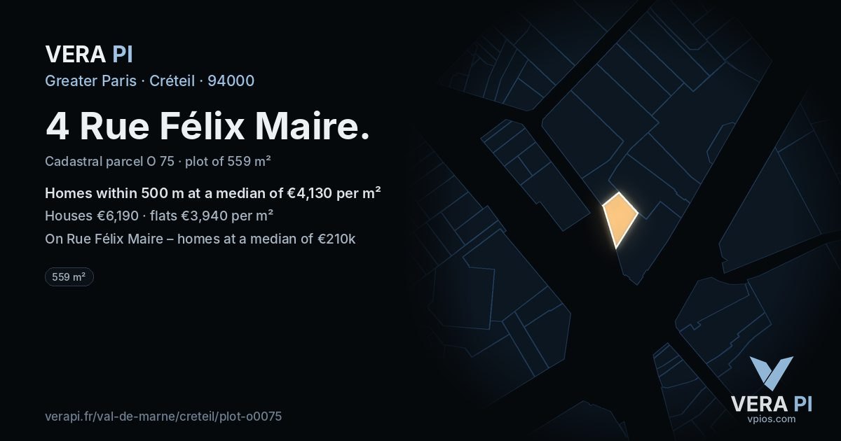 4 Rue Félix Maire, Créteil at night – the plot lit, the parcels around coloured by the prices near them