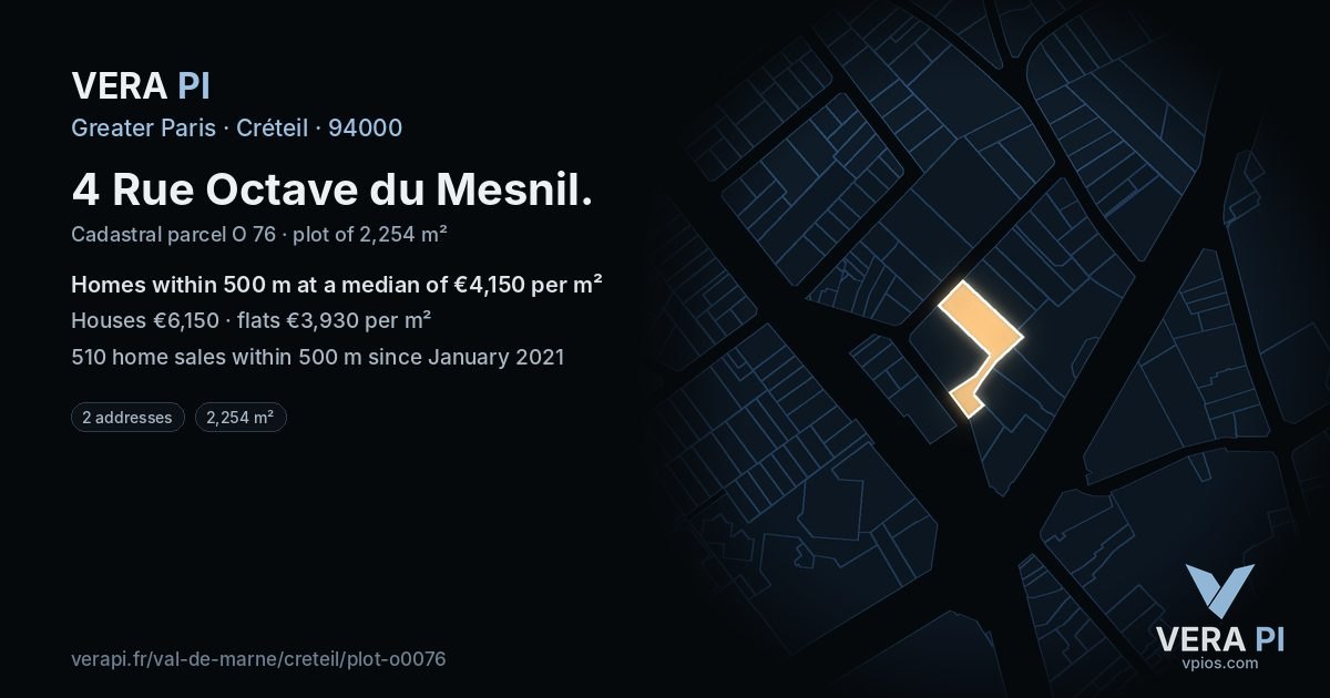 4 Rue Octave du Mesnil, Créteil at night – the plot lit, the parcels around coloured by the prices near them