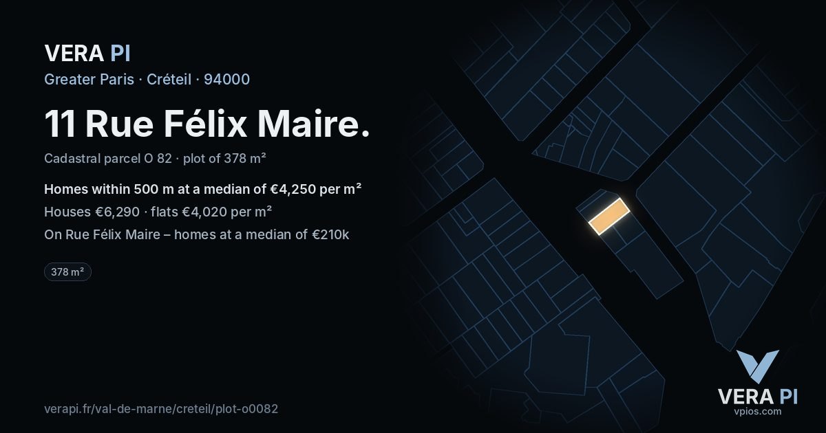 11 Rue Félix Maire, Créteil at night – the plot lit, the parcels around coloured by the prices near them