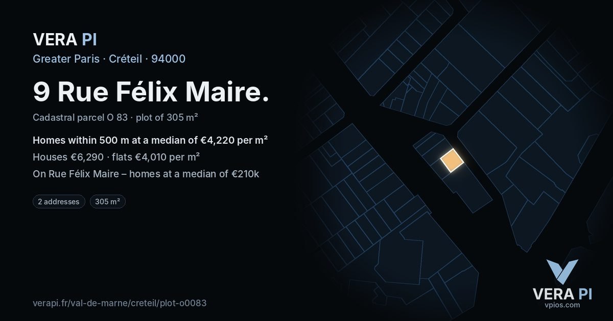 9 Rue Félix Maire, Créteil at night – the plot lit, the parcels around coloured by the prices near them