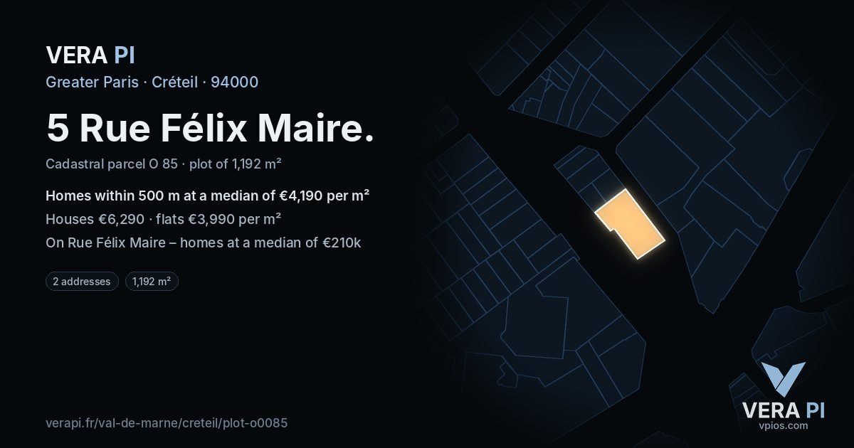 5 Rue Félix Maire, Créteil at night – the plot lit, the parcels around coloured by the prices near them