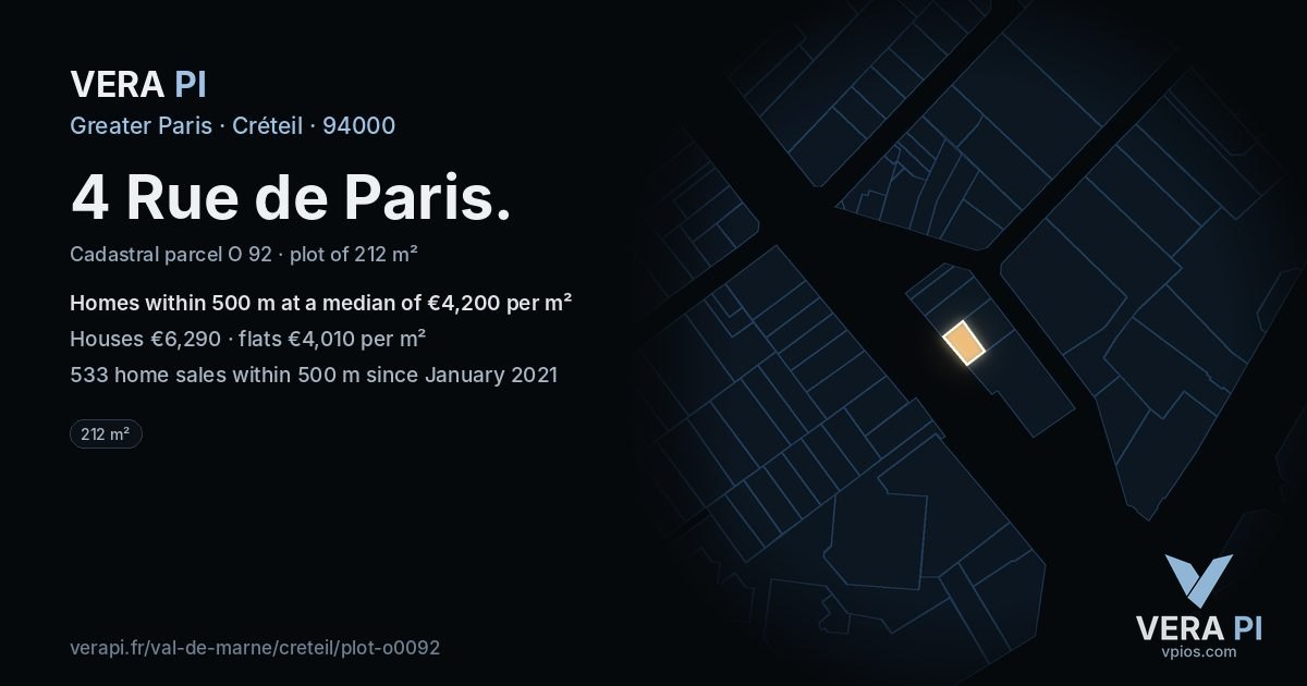 4 Rue de Paris, Créteil at night – the plot lit, the parcels around coloured by the prices near them