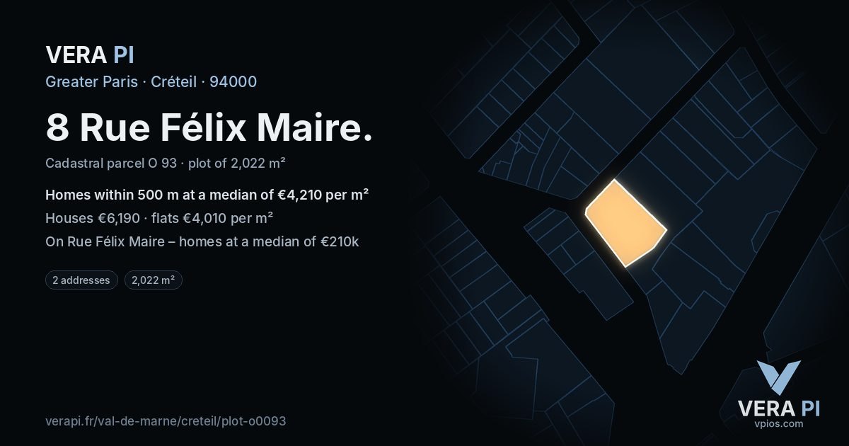 8 Rue Félix Maire, Créteil at night – the plot lit, the parcels around coloured by the prices near them