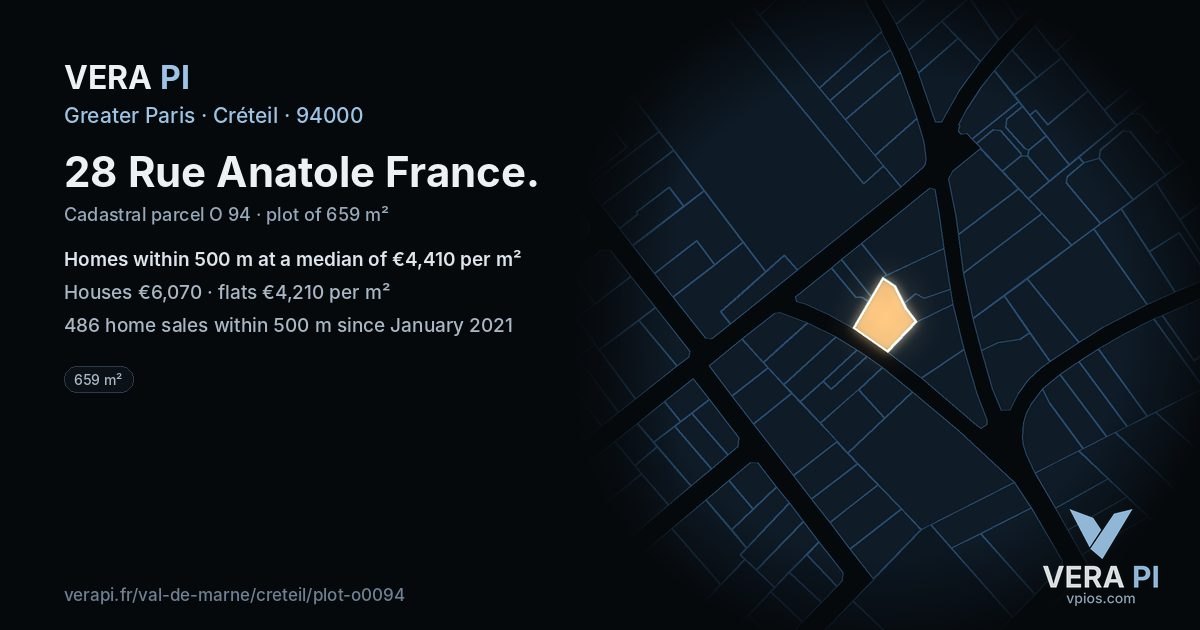 28 Rue Anatole France, Créteil at night – the plot lit, the parcels around coloured by the prices near them