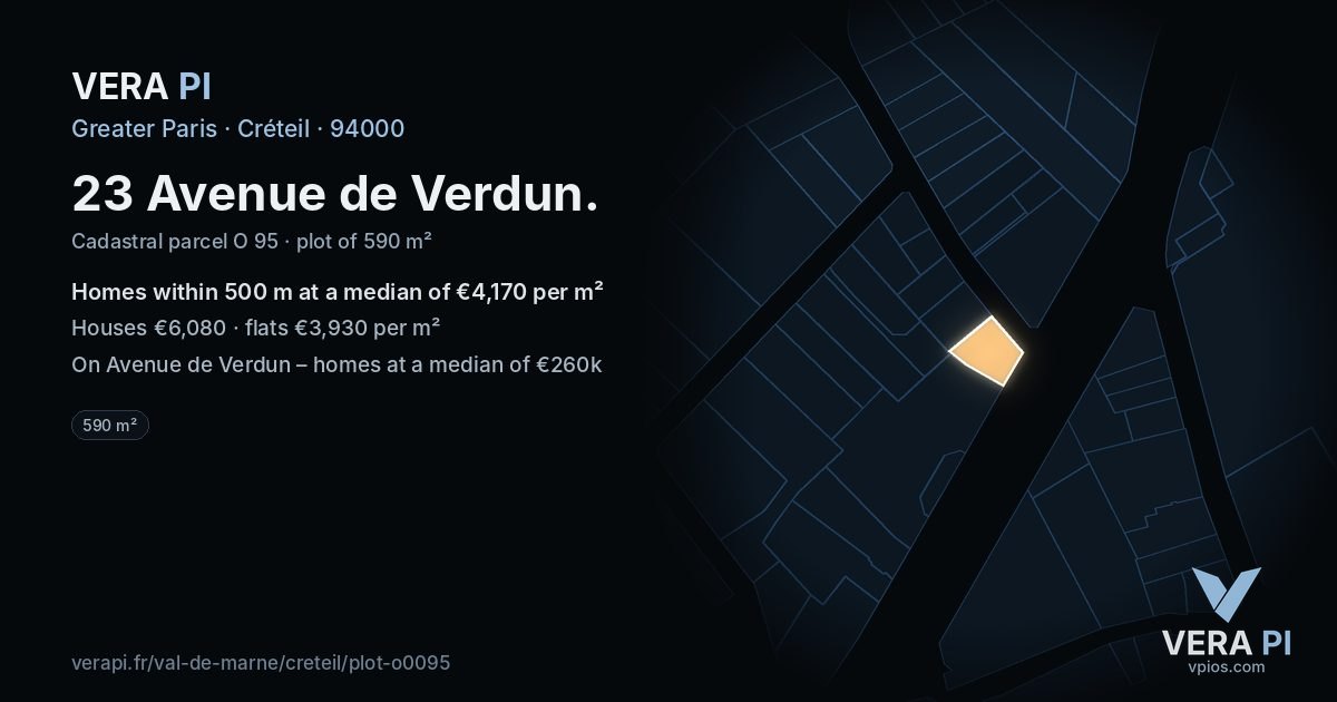 23 Avenue de Verdun, Créteil at night – the plot lit, the parcels around coloured by the prices near them