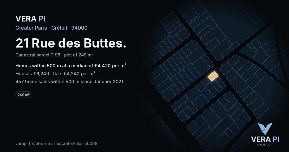21 Rue des Buttes, Créteil at night – the plot lit, the parcels around coloured by the prices near them