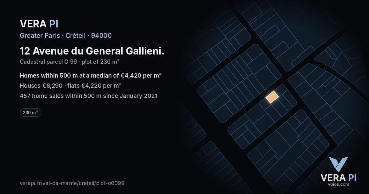 12 Avenue du General Gallieni, Créteil at night – the plot lit, the parcels around coloured by the prices near them
