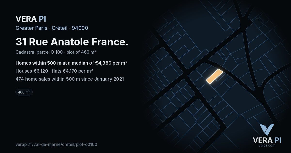 31 Rue Anatole France, Créteil at night – the plot lit, the parcels around coloured by the prices near them