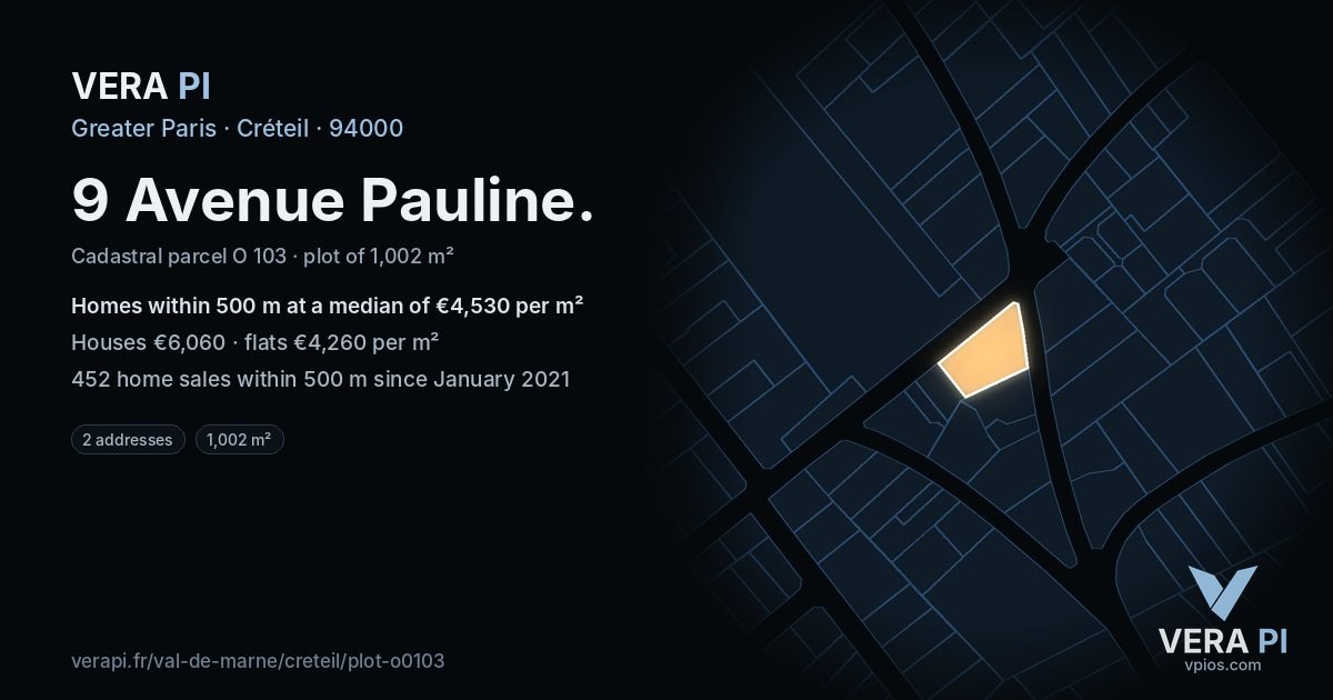 9 Avenue Pauline, Créteil at night – the plot lit, the parcels around coloured by the prices near them