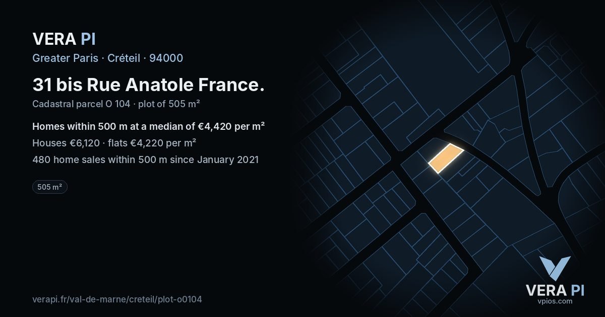 31 bis Rue Anatole France, Créteil at night – the plot lit, the parcels around coloured by the prices near them