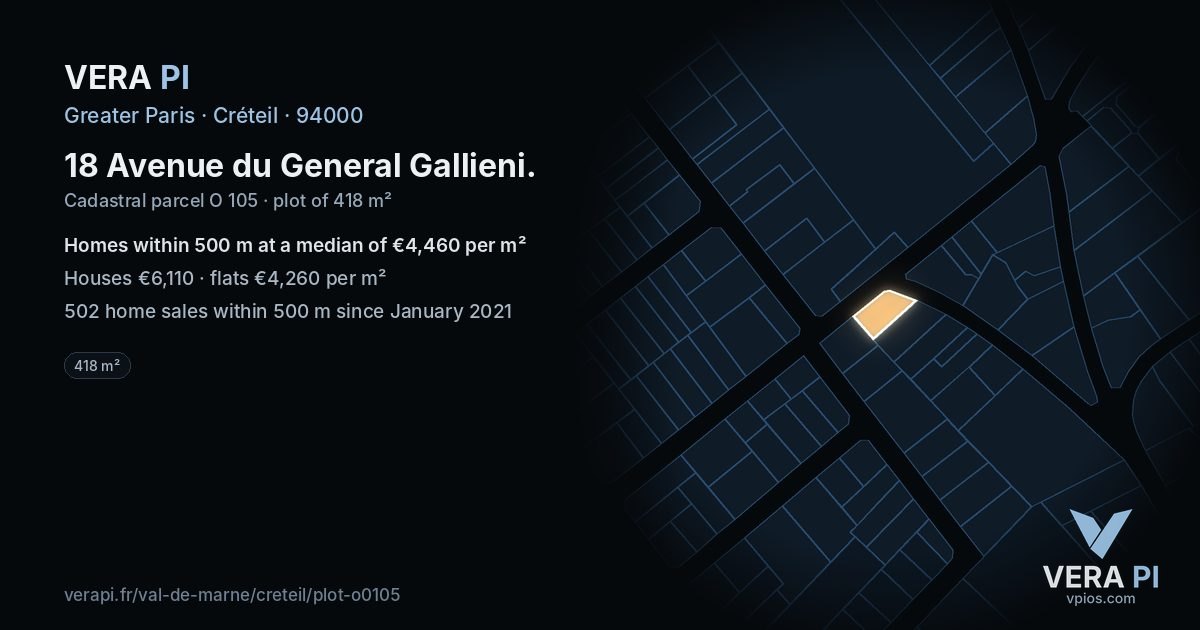 18 Avenue du General Gallieni, Créteil at night – the plot lit, the parcels around coloured by the prices near them