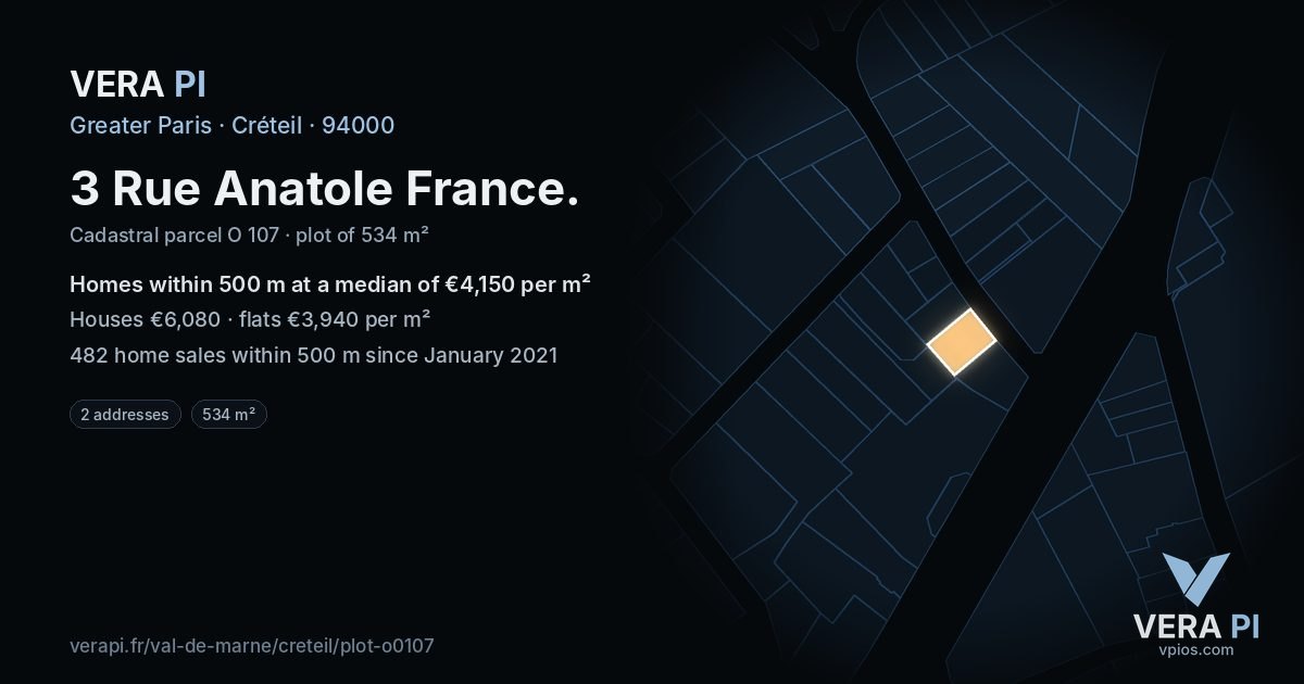 3 Rue Anatole France, Créteil at night – the plot lit, the parcels around coloured by the prices near them
