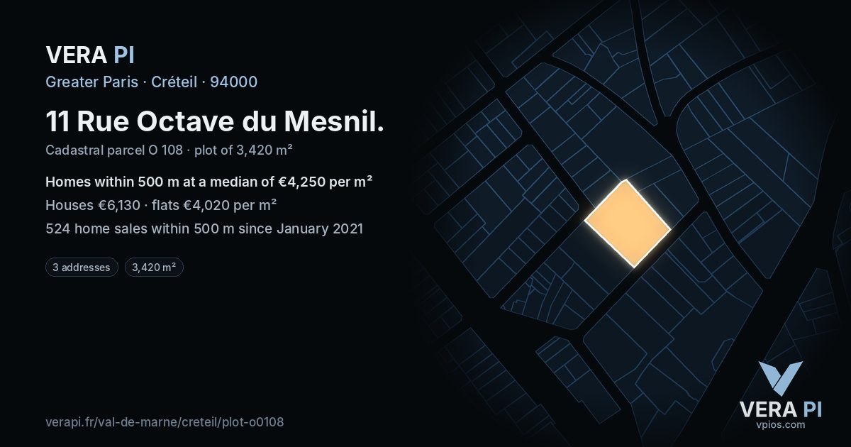 11 Rue Octave du Mesnil, Créteil at night – the plot lit, the parcels around coloured by the prices near them