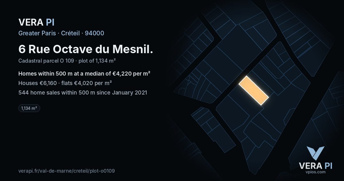 6 Rue Octave du Mesnil, Créteil at night – the plot lit, the parcels around coloured by the prices near them