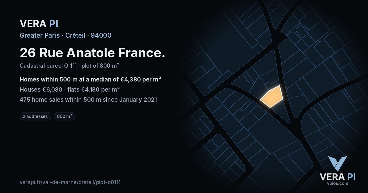 26 Rue Anatole France, Créteil at night – the plot lit, the parcels around coloured by the prices near them
