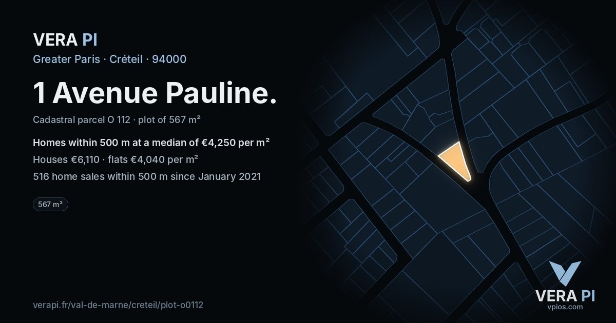 1 Avenue Pauline, Créteil at night – the plot lit, the parcels around coloured by the prices near them