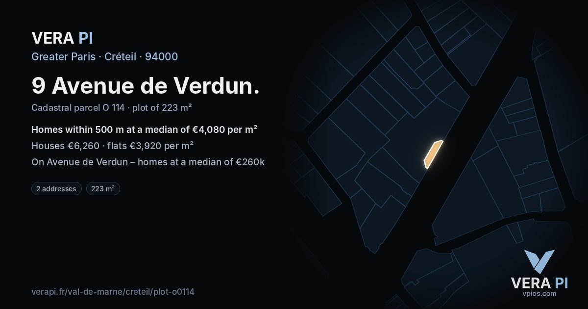 9 Avenue de Verdun, Créteil at night – the plot lit, the parcels around coloured by the prices near them