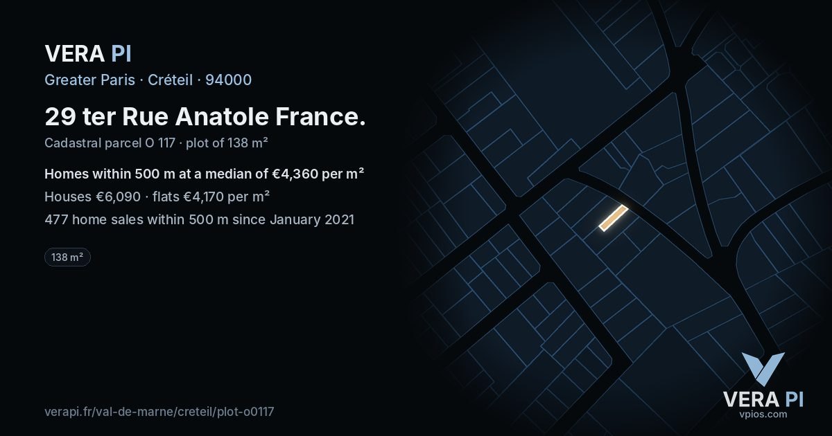 29 ter Rue Anatole France, Créteil at night – the plot lit, the parcels around coloured by the prices near them