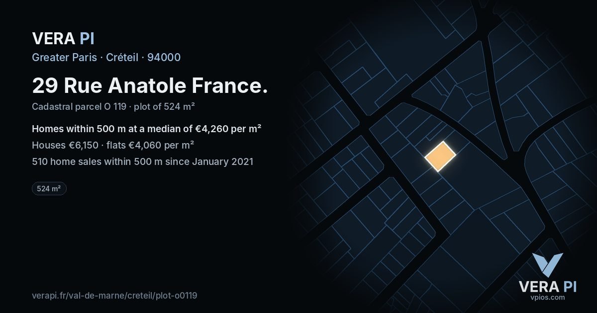 29 Rue Anatole France, Créteil at night – the plot lit, the parcels around coloured by the prices near them