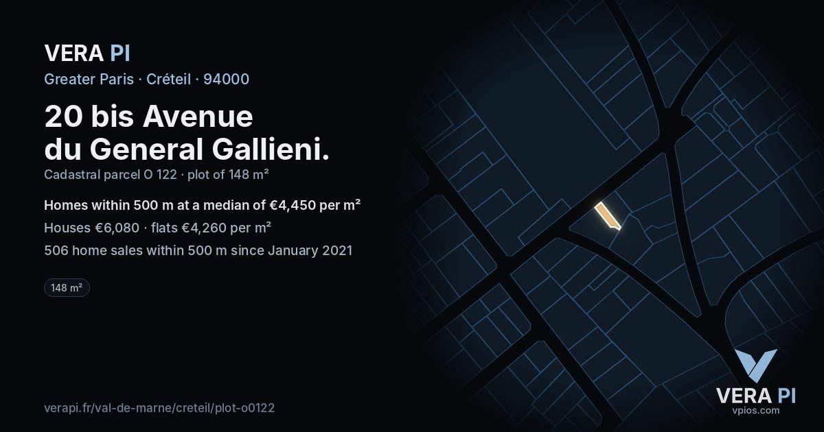 20 bis Avenue du General Gallieni, Créteil at night – the plot lit, the parcels around coloured by the prices near them